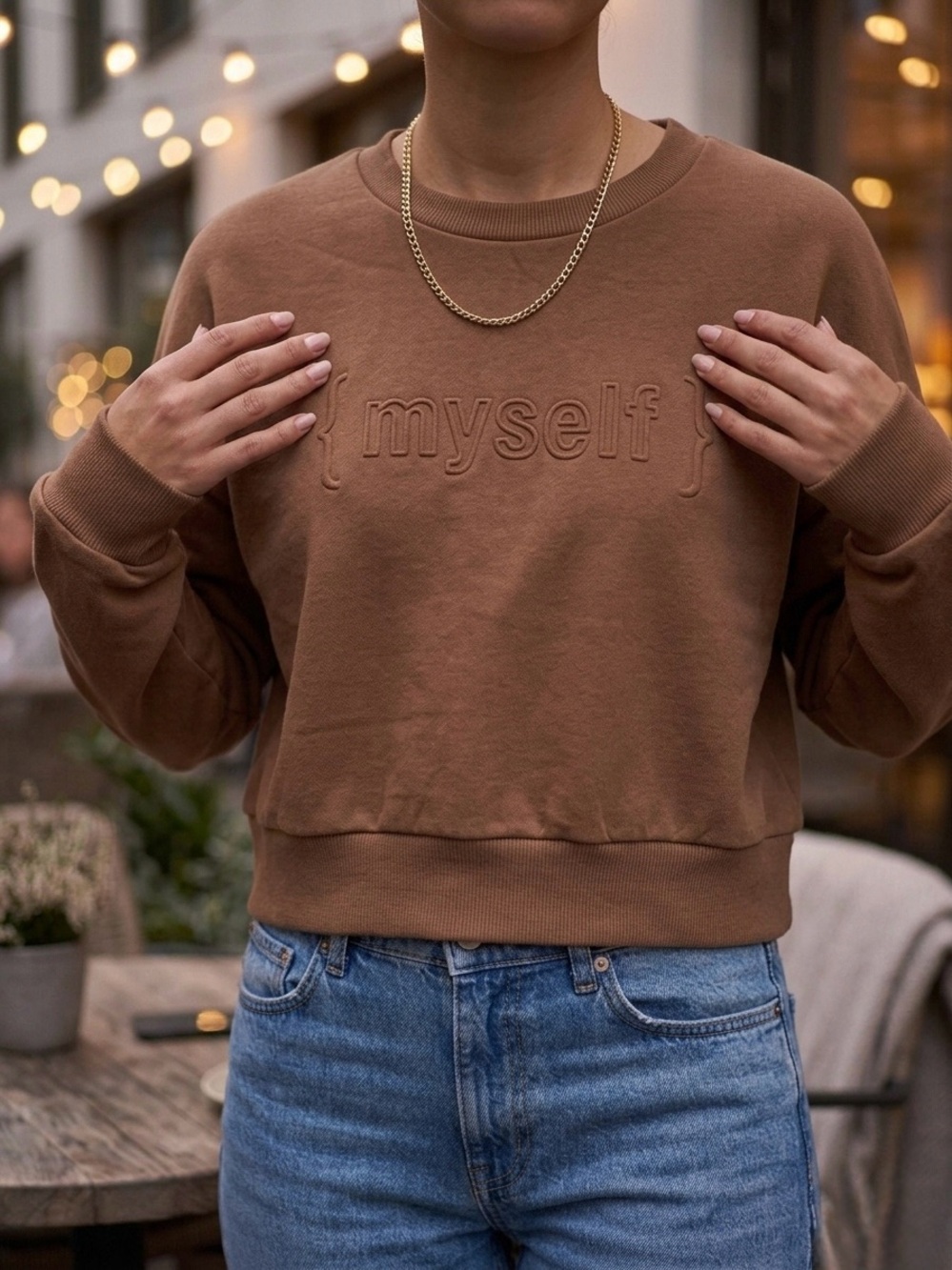 NWOT Stradivarius Brown Cropped "Myself" Graphic Sweatshirt Size Small